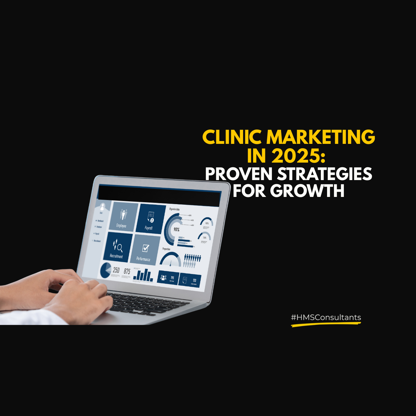 Tablet screen showing clinic marketing strategies with bold title text on a black background — promoting digital growth for clinics.