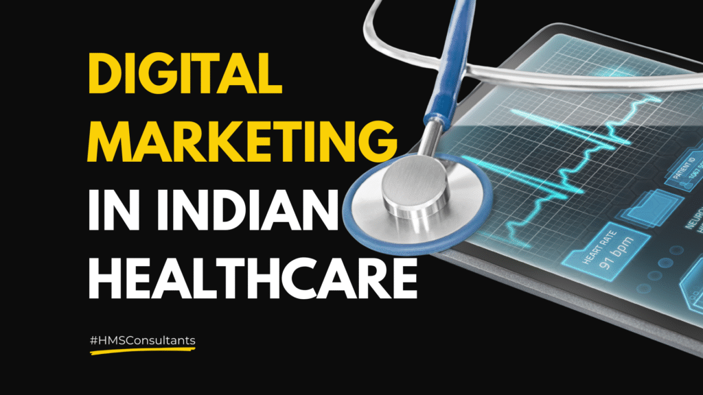 Laptop displaying healthcare data with text "Digital Marketing in Indian Healthcare" — symbolizes the integration of digital tools in healthcare growth.