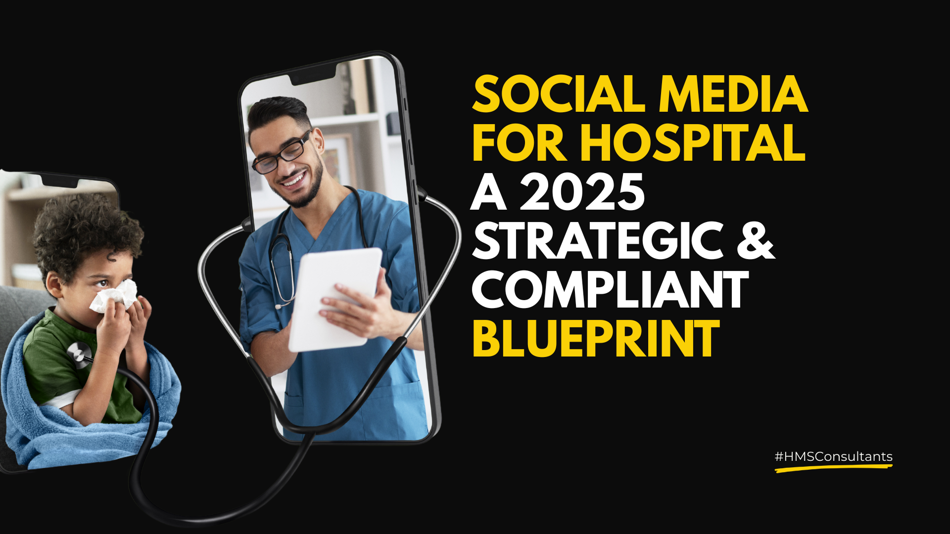 Doctor holding a smartphone with hospital social media icons floating above, representing digital healthcare engagement in 2025.