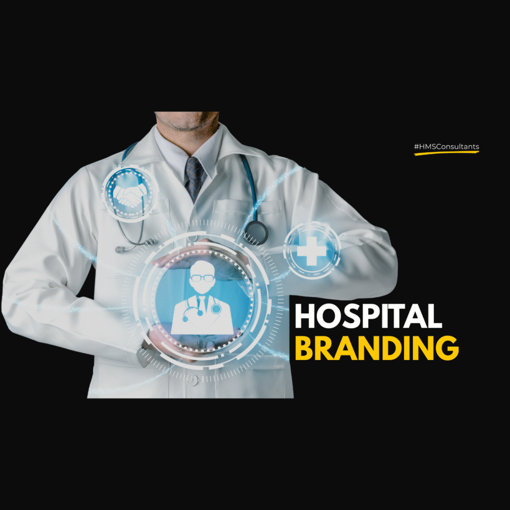 Flat-style graphic showing "Hospital Branding – Why it Matters in 2025" with a hospital building icon and blue healthcare logo.