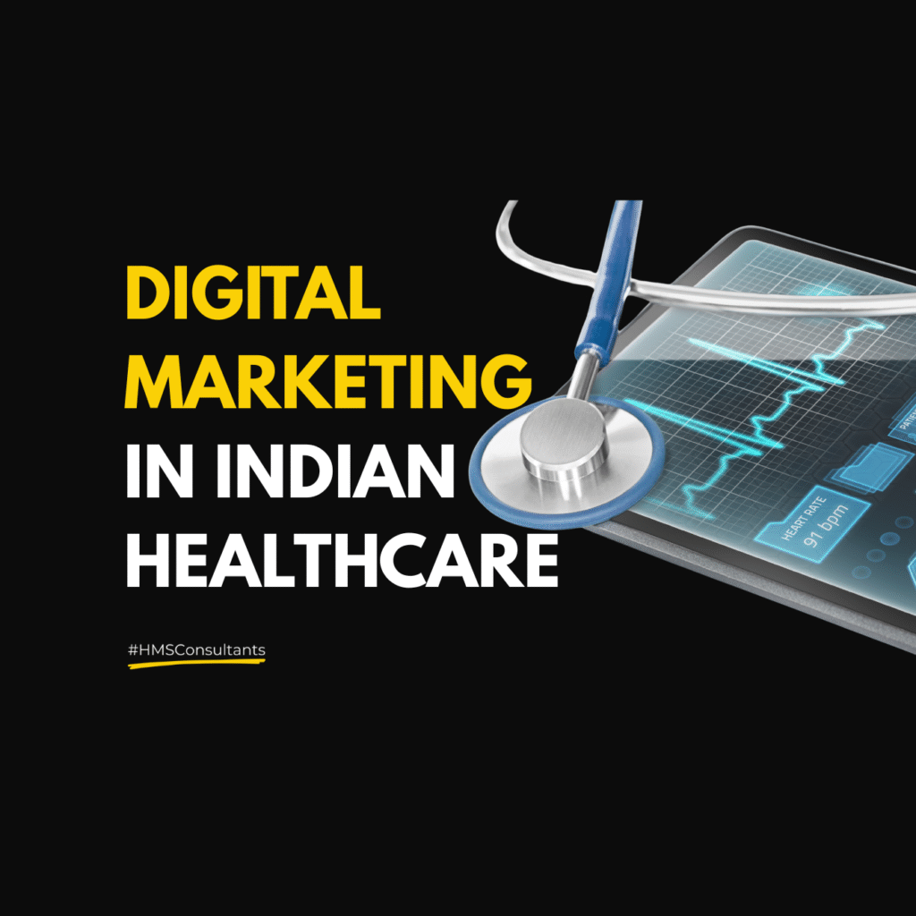 Laptop displaying healthcare data with text "Digital Marketing in Indian Healthcare" — symbolizes the integration of digital tools in healthcare growth.