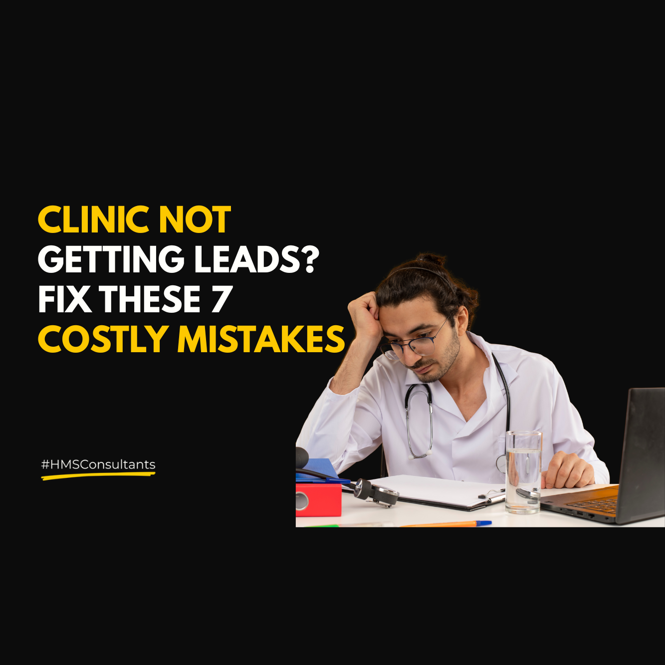 Doctor at clinic desk with empty chair — representing low patient leads