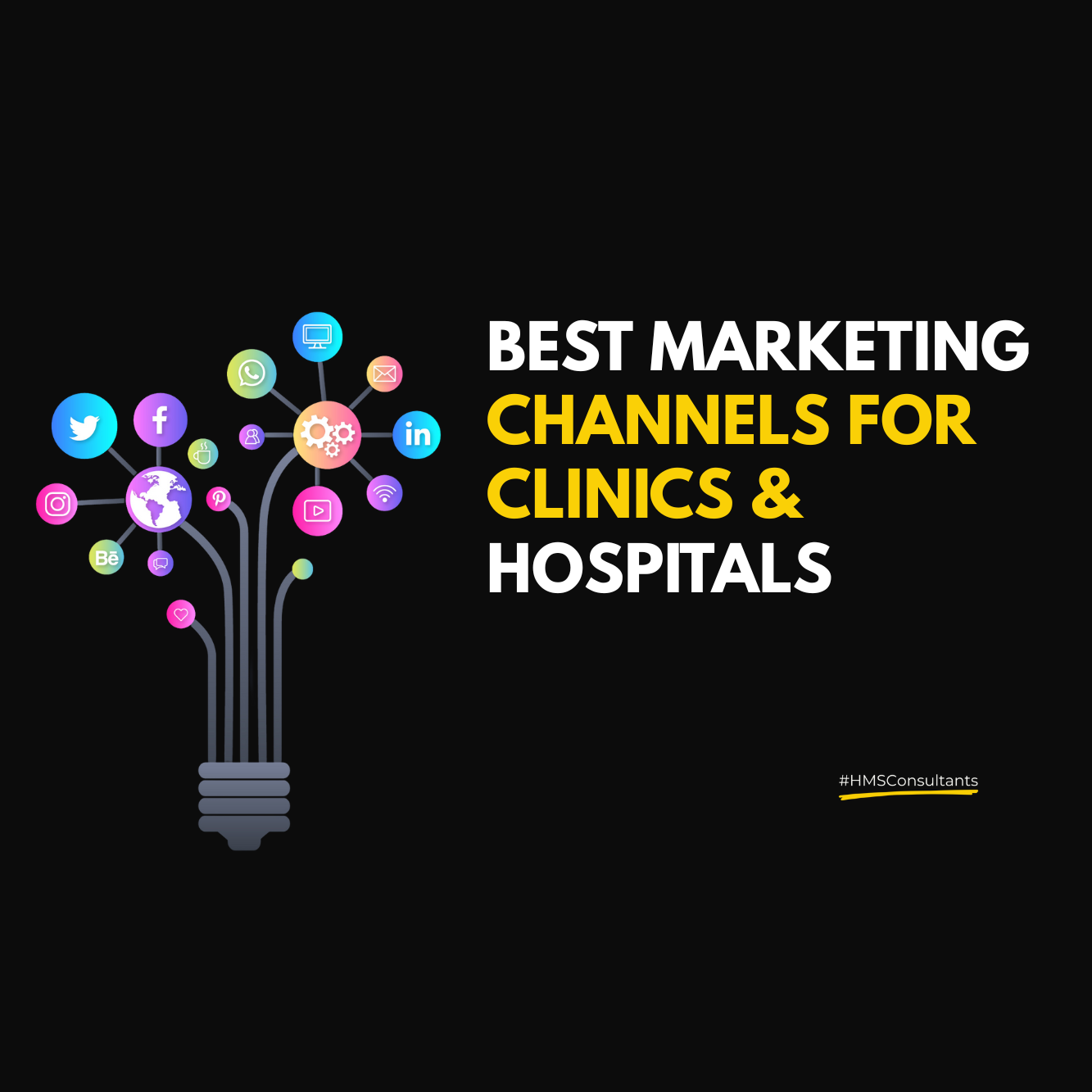Illustration of strategic marketing channels for hospitals and clinics with digital media icons and a healthcare facility in focus.