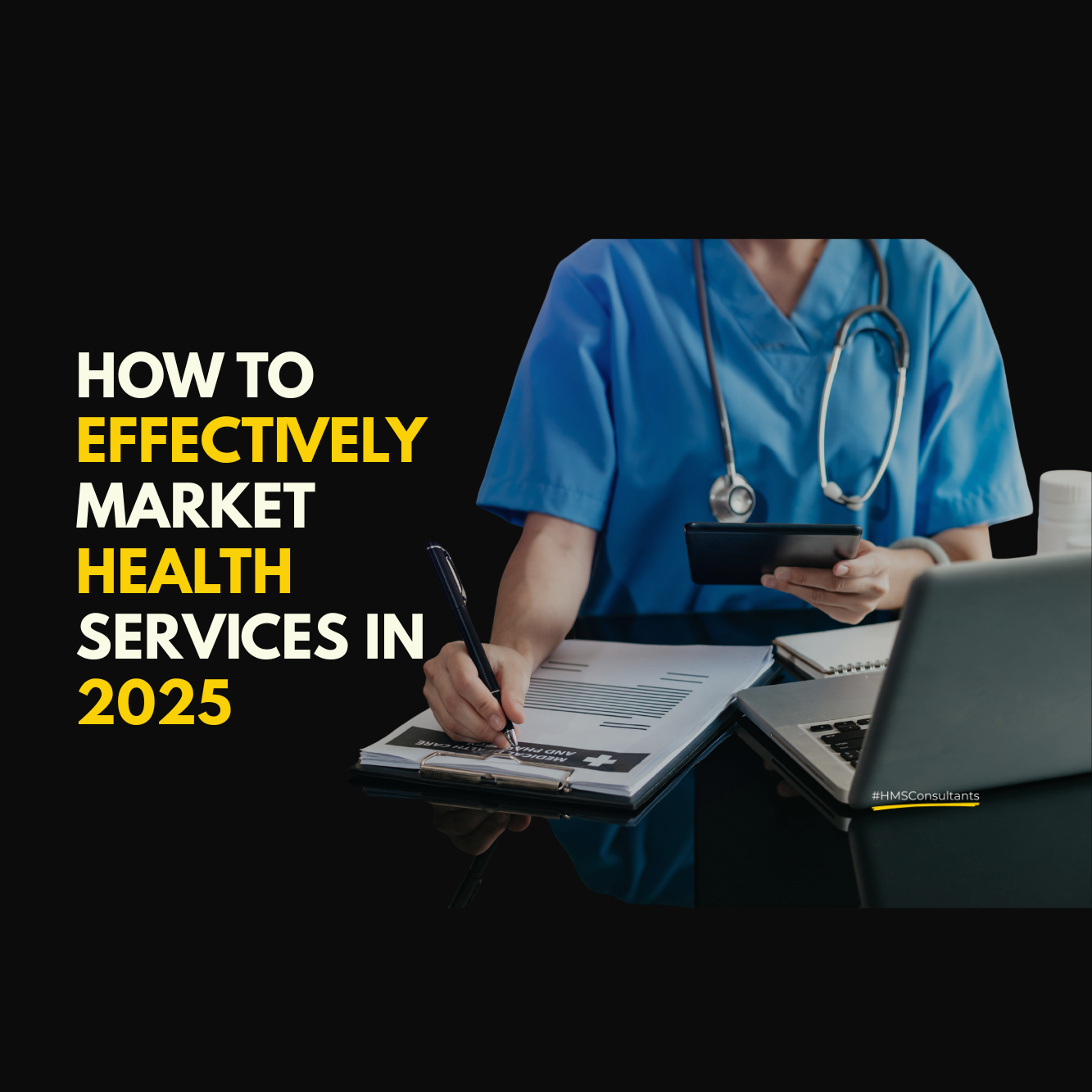 Healthcare marketing strategies blog 2025 – doctor at desk with laptop and digital icons