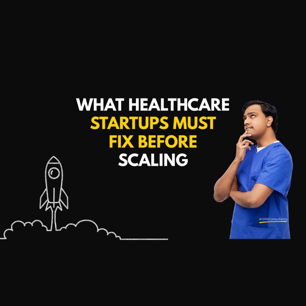 Stacked building blocks showing brand clarity, funnel fix, CRM setup, storytelling, and trust building for healthcare startups scaling.