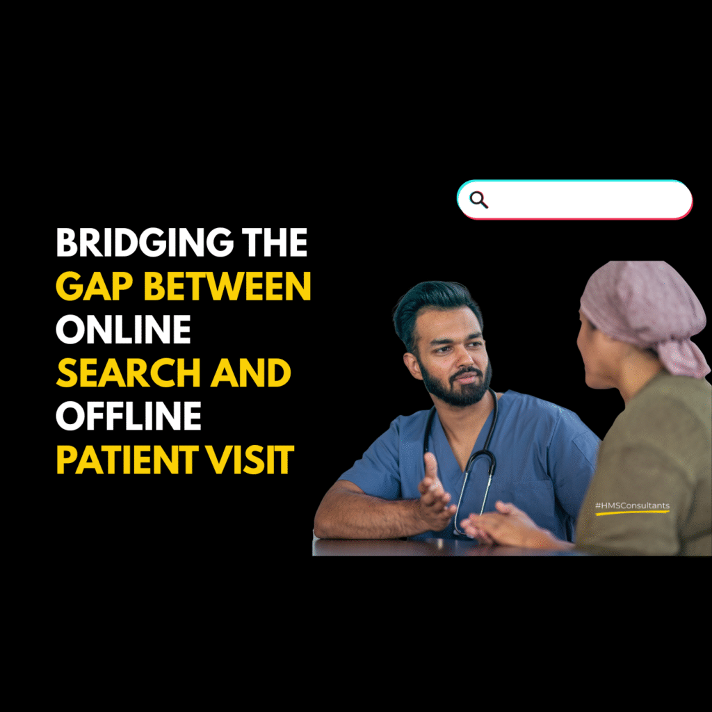 Google search bar with query “best clinic near me” alongside doctor shaking patient’s hand, symbolizing hospital marketing from search to visit.