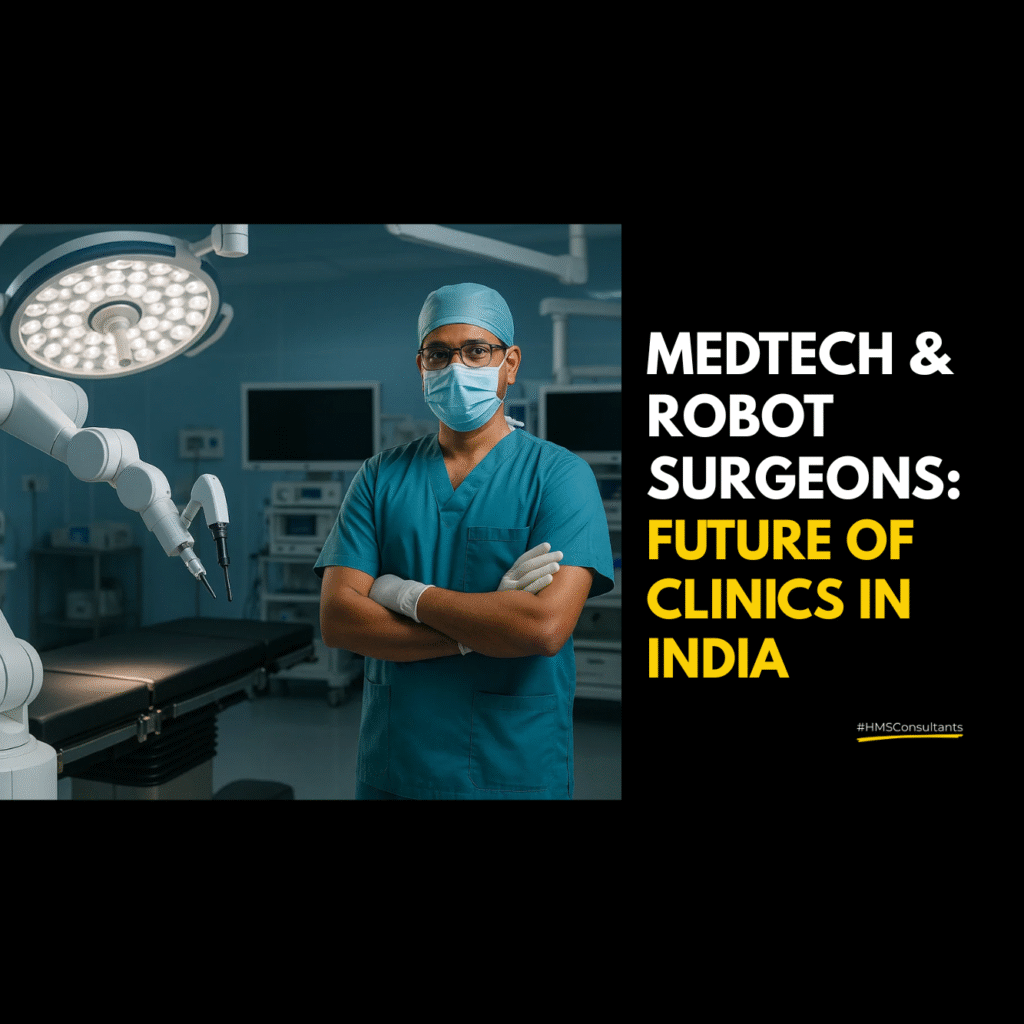 Surgeon working with robotic arm in an operation theatre, symbolizing MedTech and future of clinics in India
