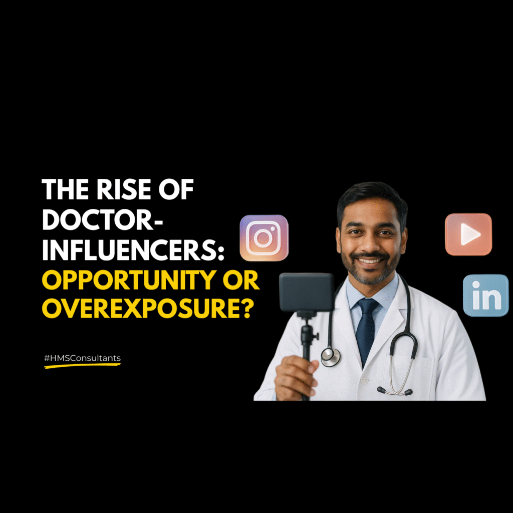Doctor creating social media content on smartphone and laptop, representing doctor-influencers in India.
