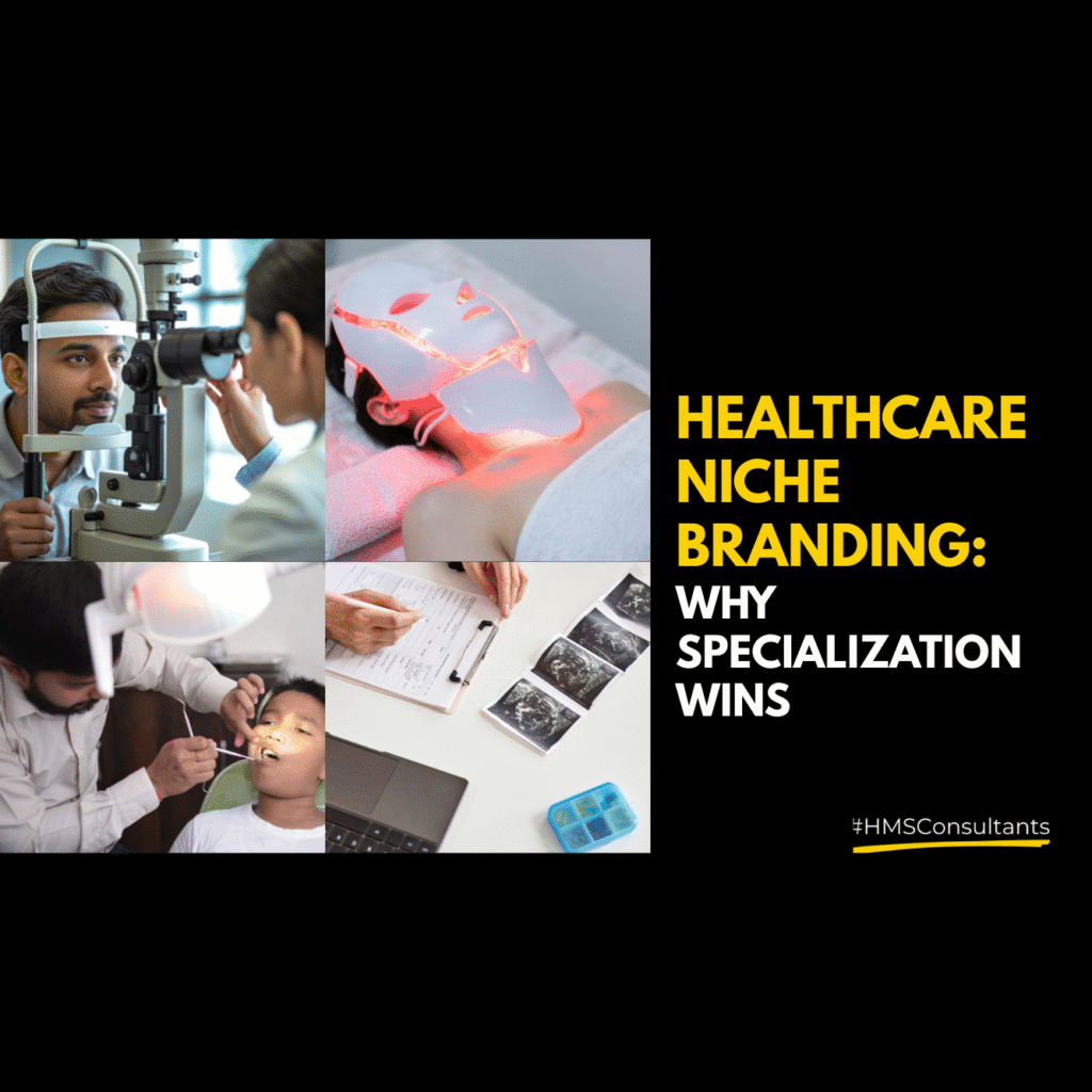 Icons representing super-specialty clinics: eye care, dental, skin, and fertility, highlighting niche branding in healthcare.