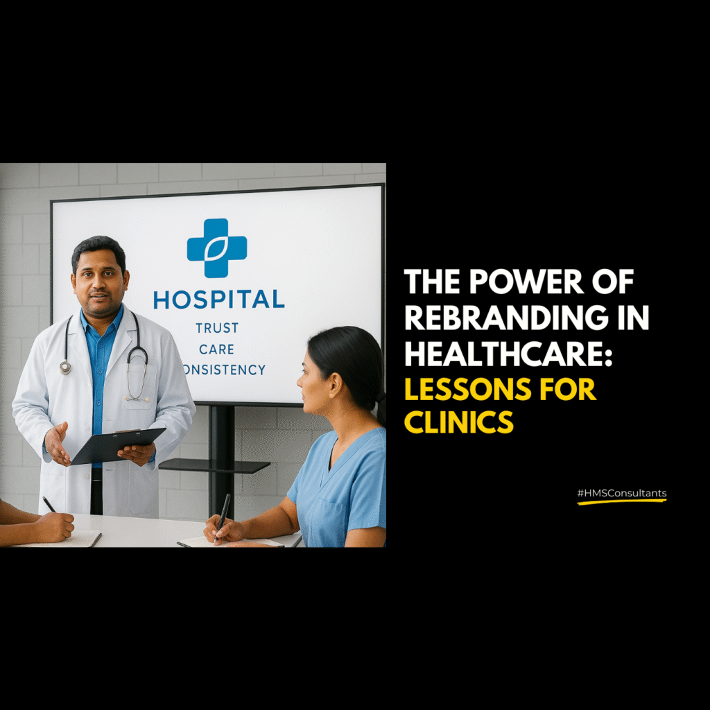 Indian doctor leading a hospital rebranding meeting with a team of medical professionals, presenting a slide showing hospital values like trust, care, and consistency.