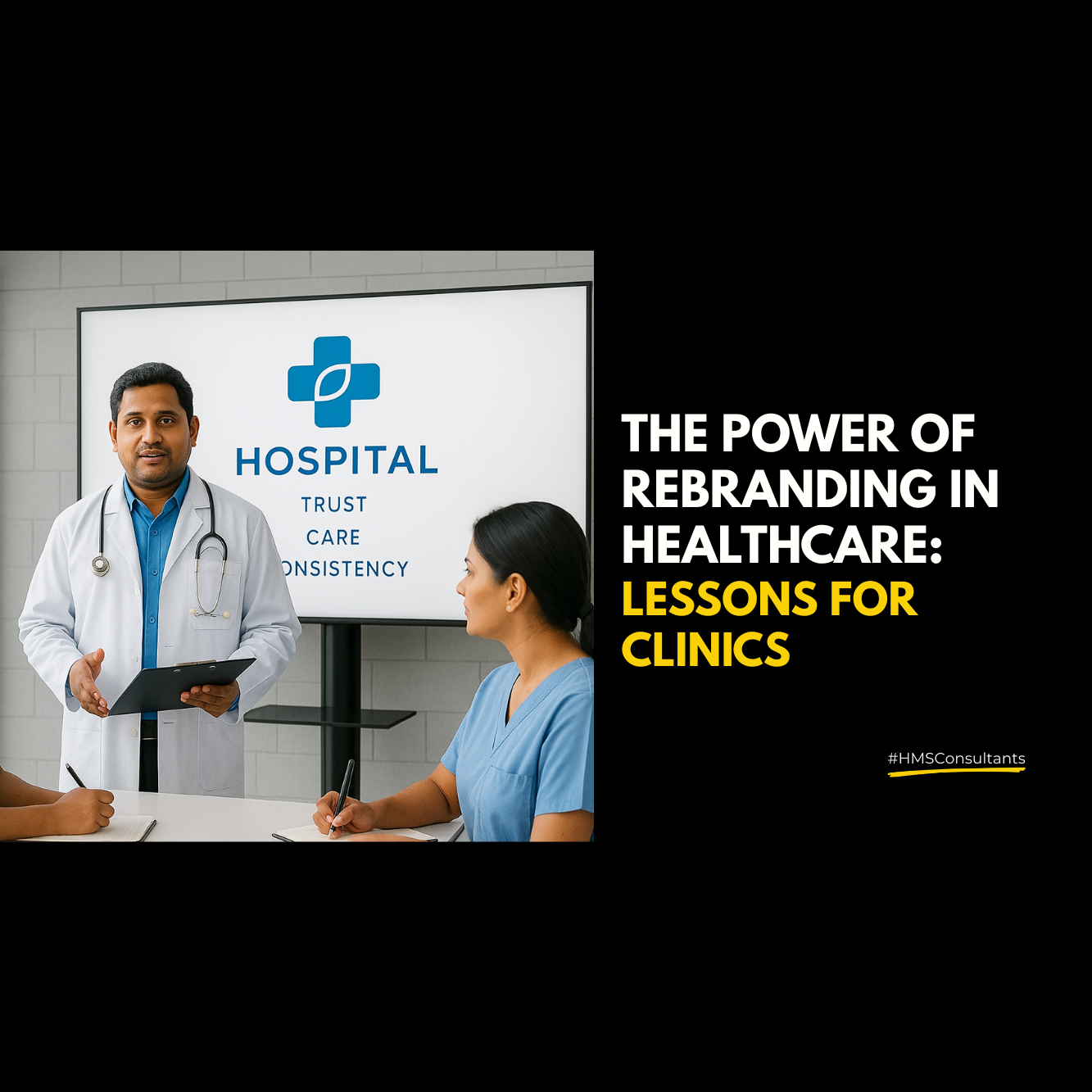 Indian doctor leading a hospital rebranding meeting with a team of medical professionals, presenting a slide showing hospital values like trust, care, and consistency.