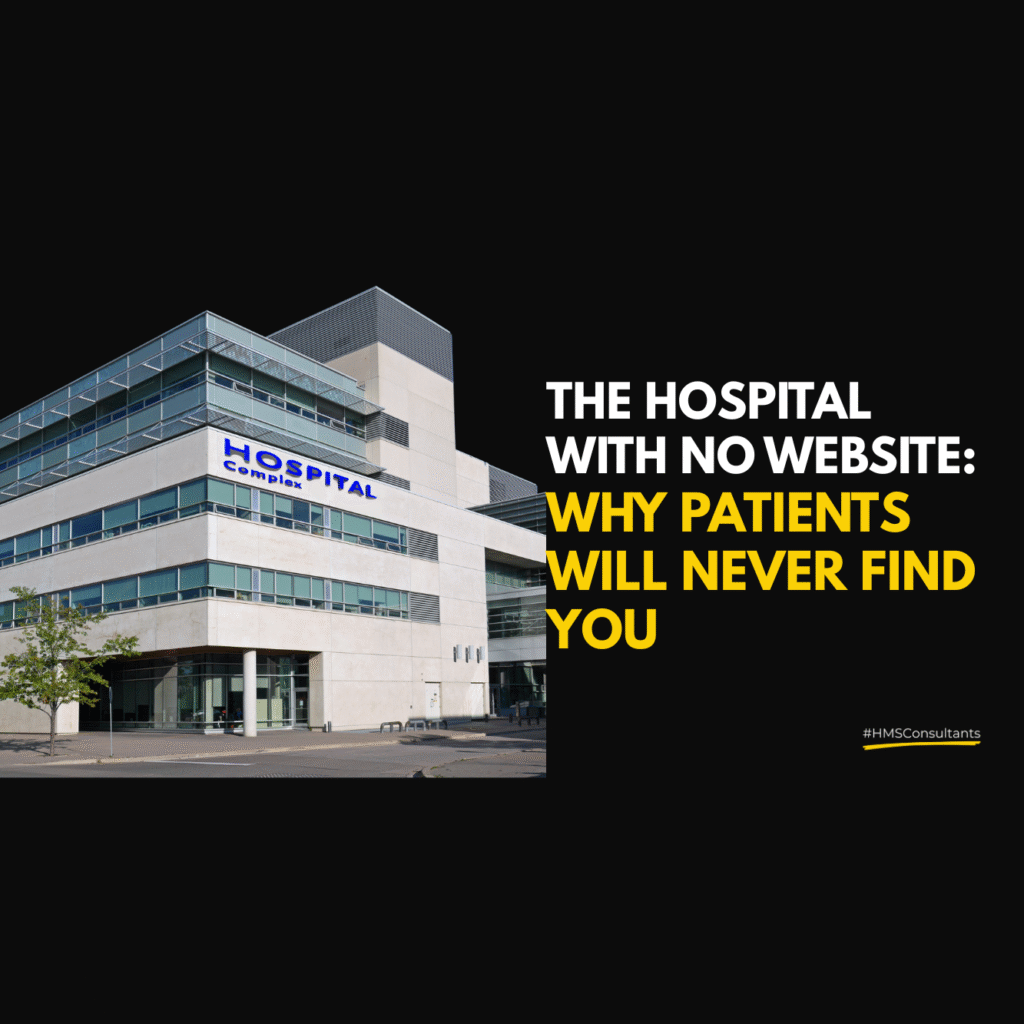 A doctor using a laptop showing a hospital website to a patient, symbolizing online visibility and digital trust in healthcare.