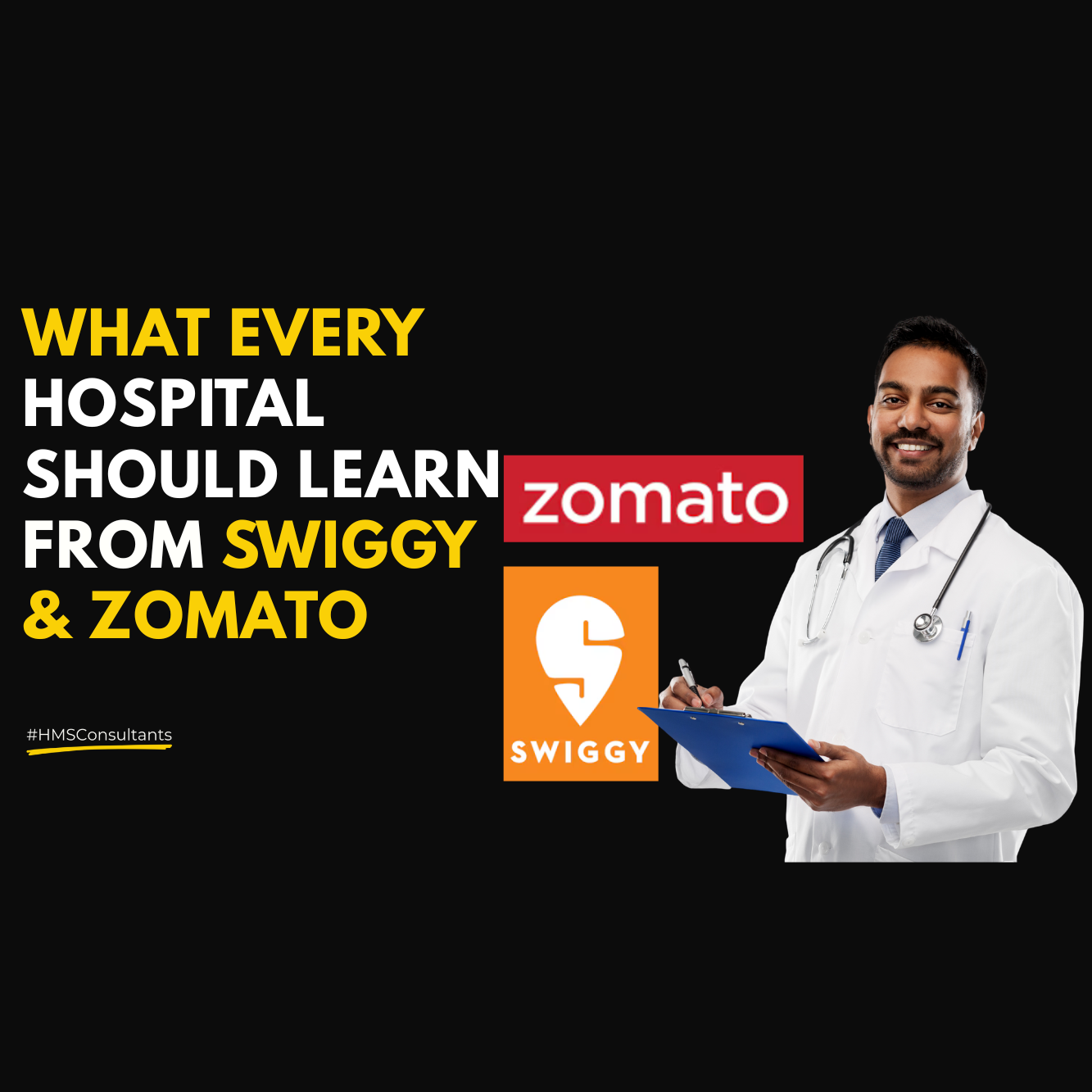 Food delivery rider on a scooter passing a hospital, representing how Indian hospitals can learn efficiency, speed, and real-time communication from Swiggy and Zomato.