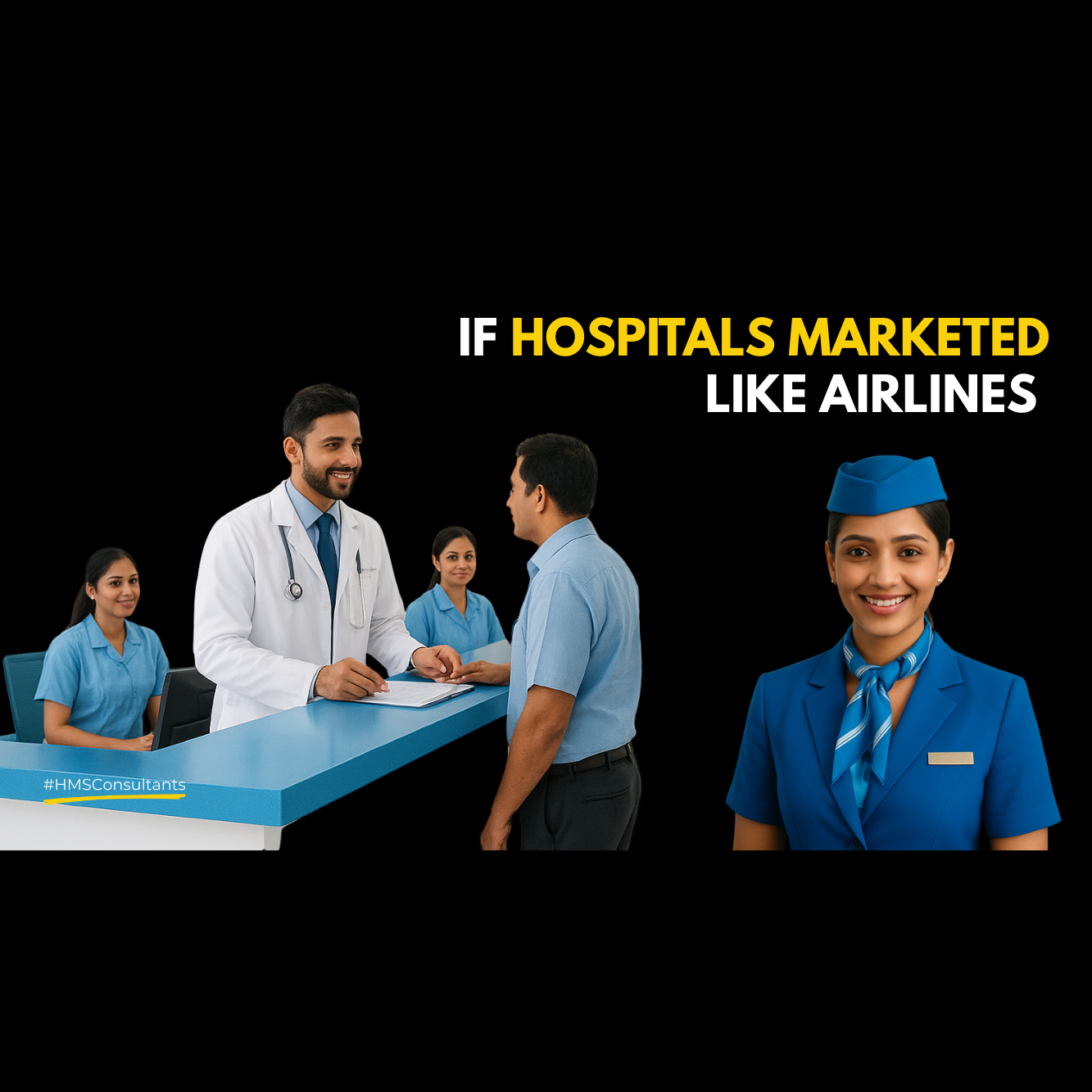 Indian flight attendant smiling inside an airplane cabin, representing organized, customer-focused service similar to what hospitals can adopt for better patient experience.