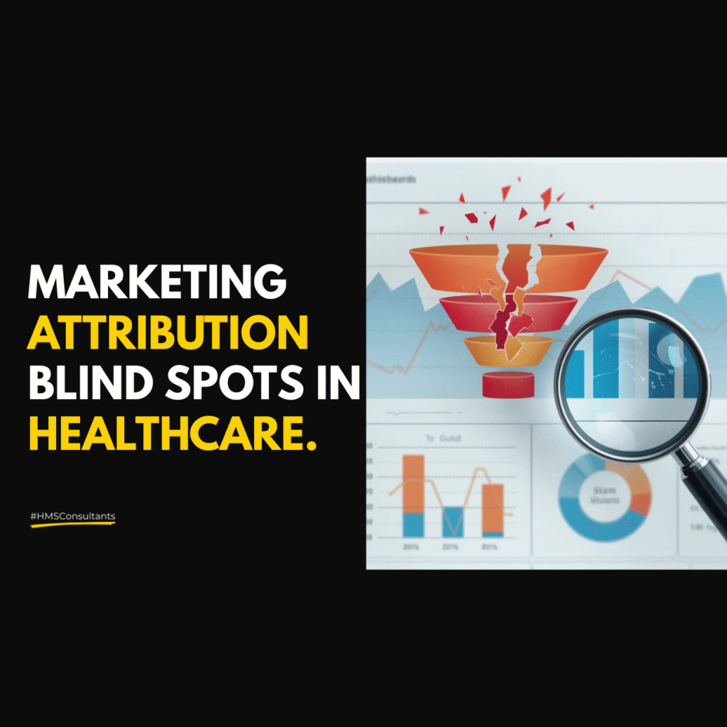 Analytics dashboard with a broken funnel link and magnifying glass highlighting marketing attribution blind spots in healthcare.