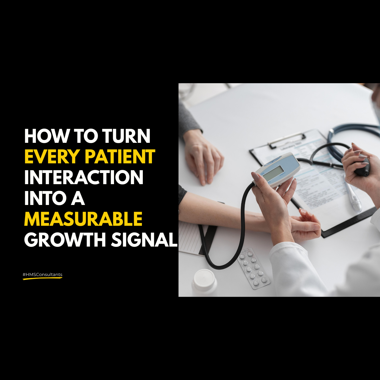 Infographic showing an Indian doctor consulting a patient, highlighting missed signals, repeated questions, and trust gaps as hidden factors that slow hospital growth.