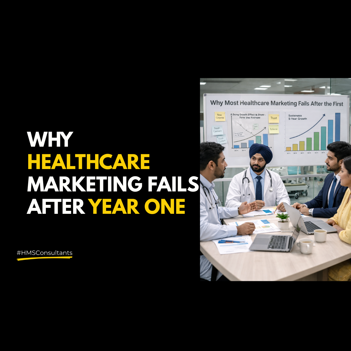 Indian hospital professionals discussing healthcare marketing strategy around a table, with a whiteboard showing growth charts in the background.
