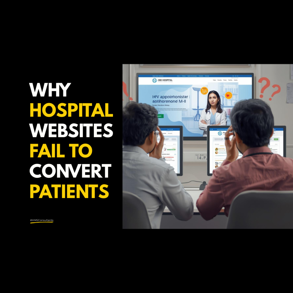 Patient interacting with a receptionist at a modern Indian hospital reception, highlighting hospital website conversion challenges.