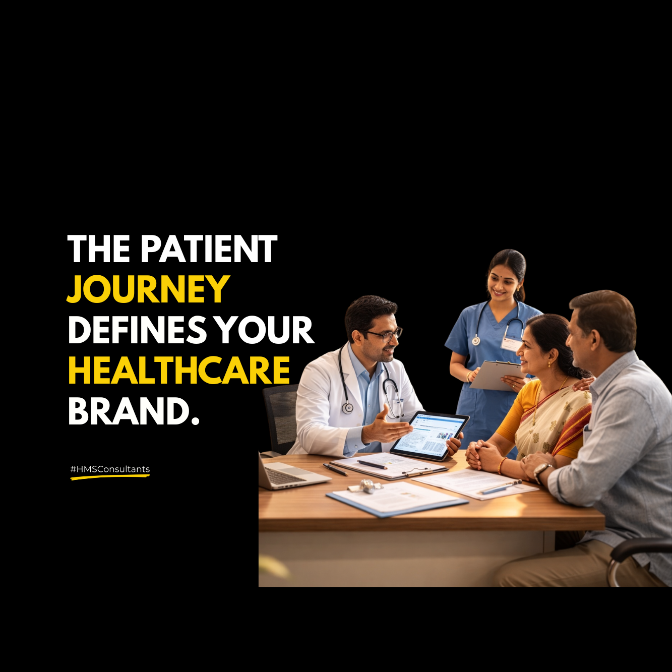 Why Healthcare Branding Breaks When Hospitals Try to “Look Trusted” Instead of Building It 2 Indian doctor explaining treatment plan to patient and family during hospital consultation.