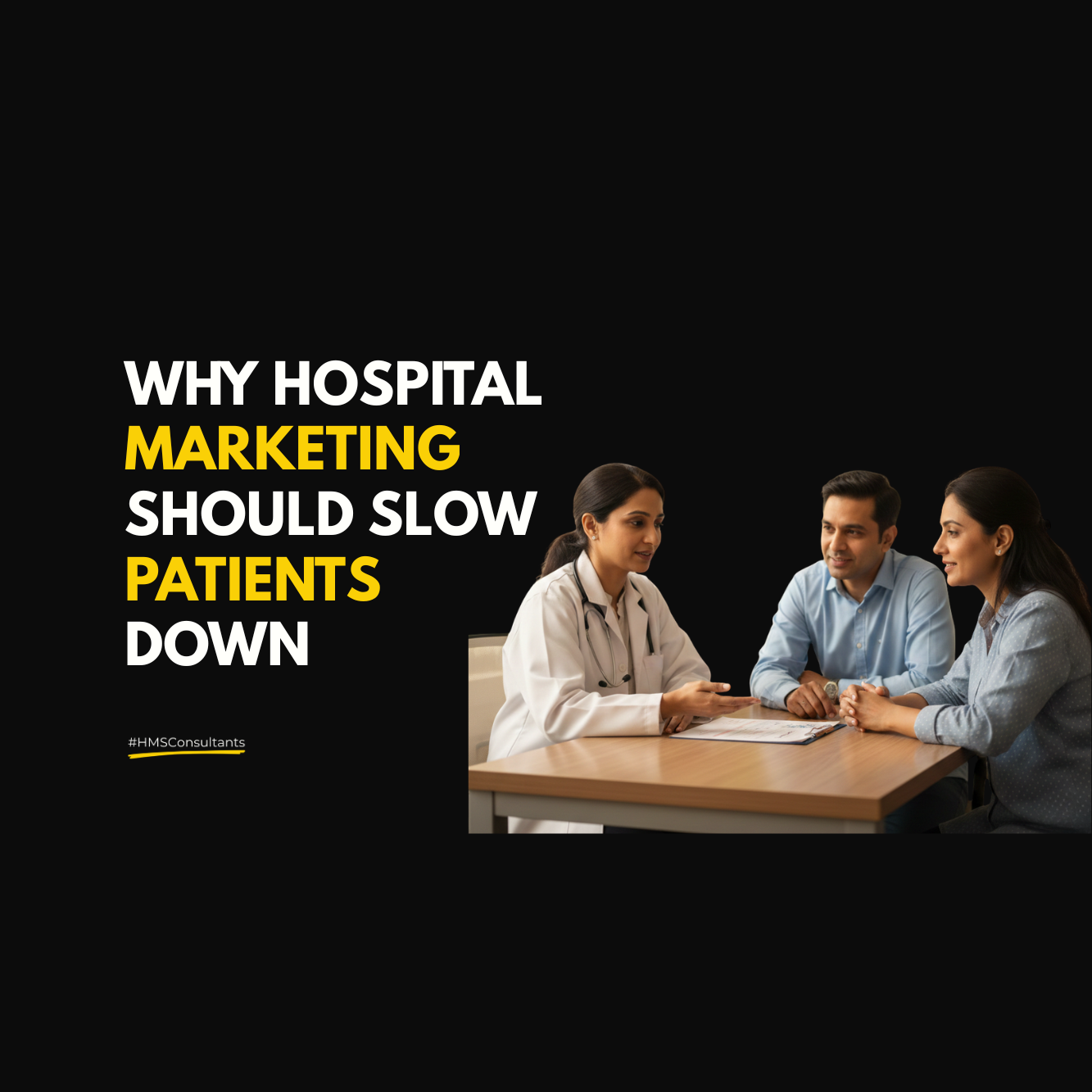 Indian doctor calmly explaining treatment options to a couple, representing marketing for hospitals focused on clarity over urgency.