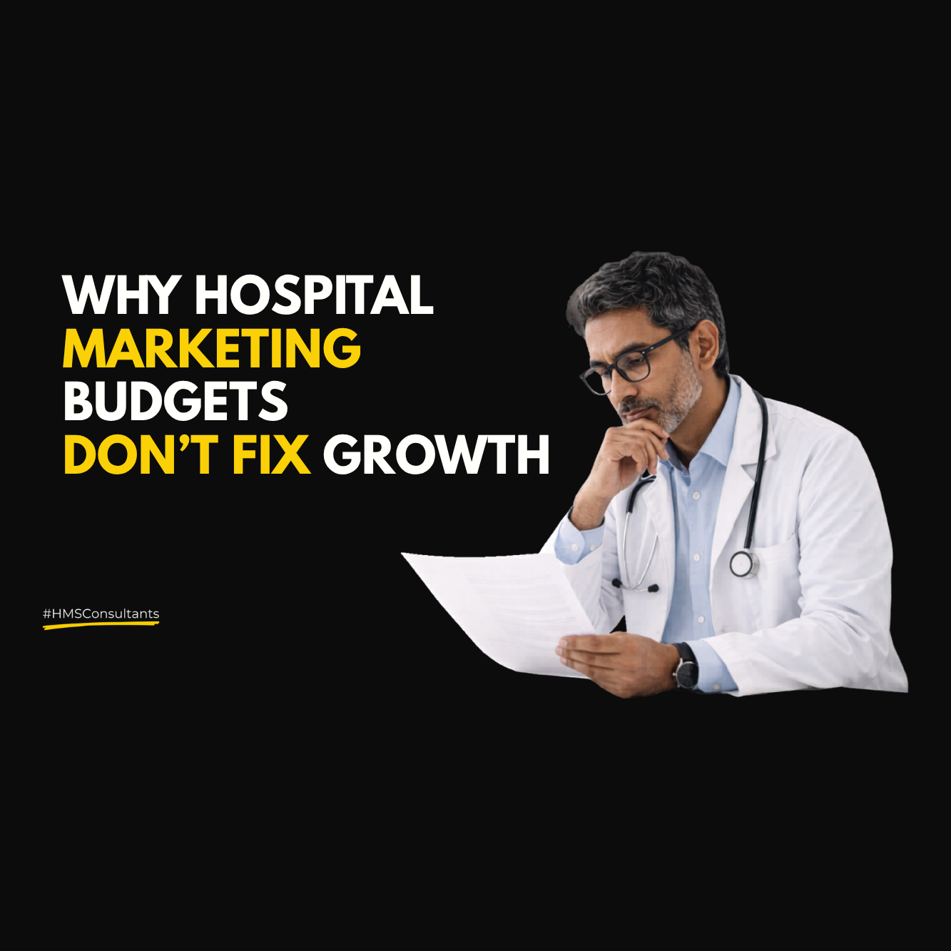 Indian doctor reviewing documents in a clinic office, representing decision-making and strategy gaps in hospital marketing budget planning