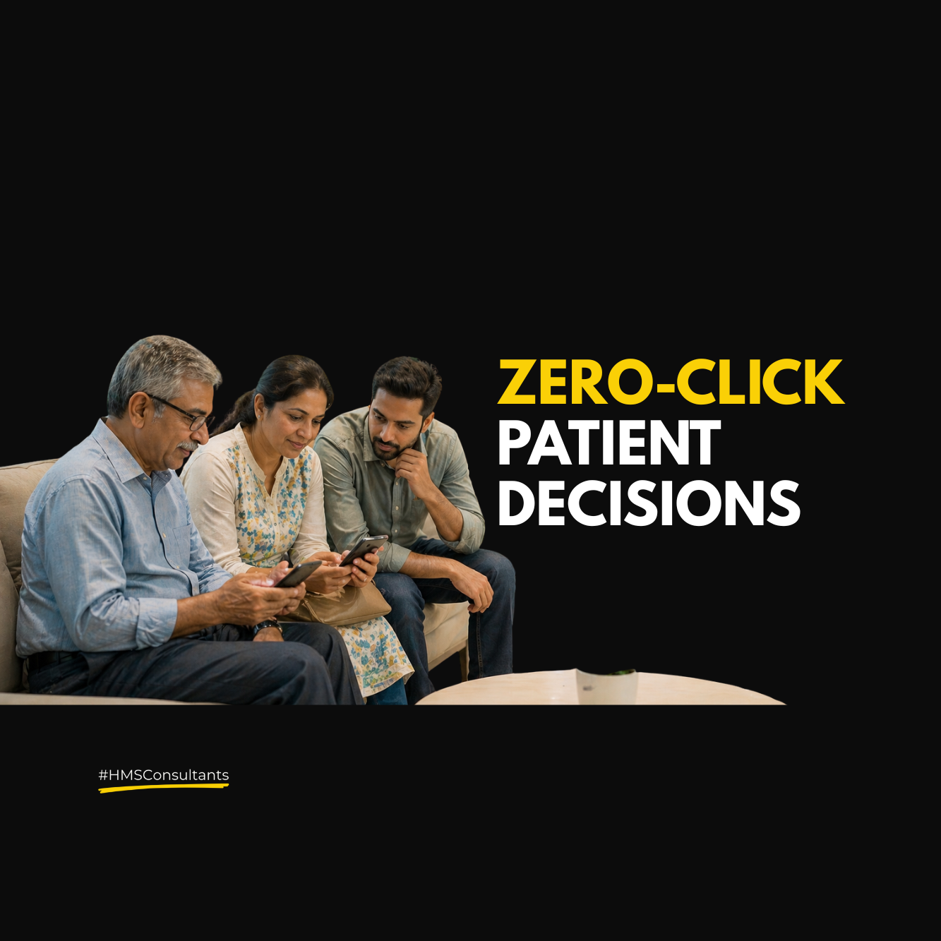 Indian female receptionist assisting patient at modern hospital desk while another patient checks hospital ratings on smartphone, representing zero-click patient decisions, hospital search behaviour, trust signals, and healthcare marketing trends.