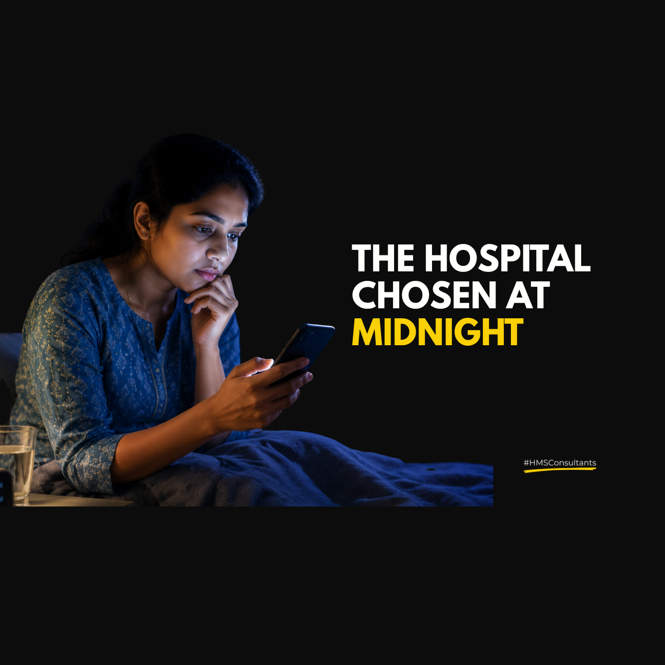 Indian woman searching for hospital information late at night on her phone while viewing healthcare-related digital icons and AI-assisted search elements.