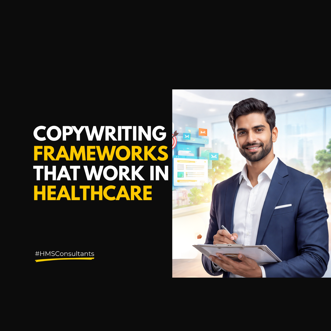 Indian healthcare consultant explaining copywriting frameworks to hospital team in a clean, minimal clinic setting