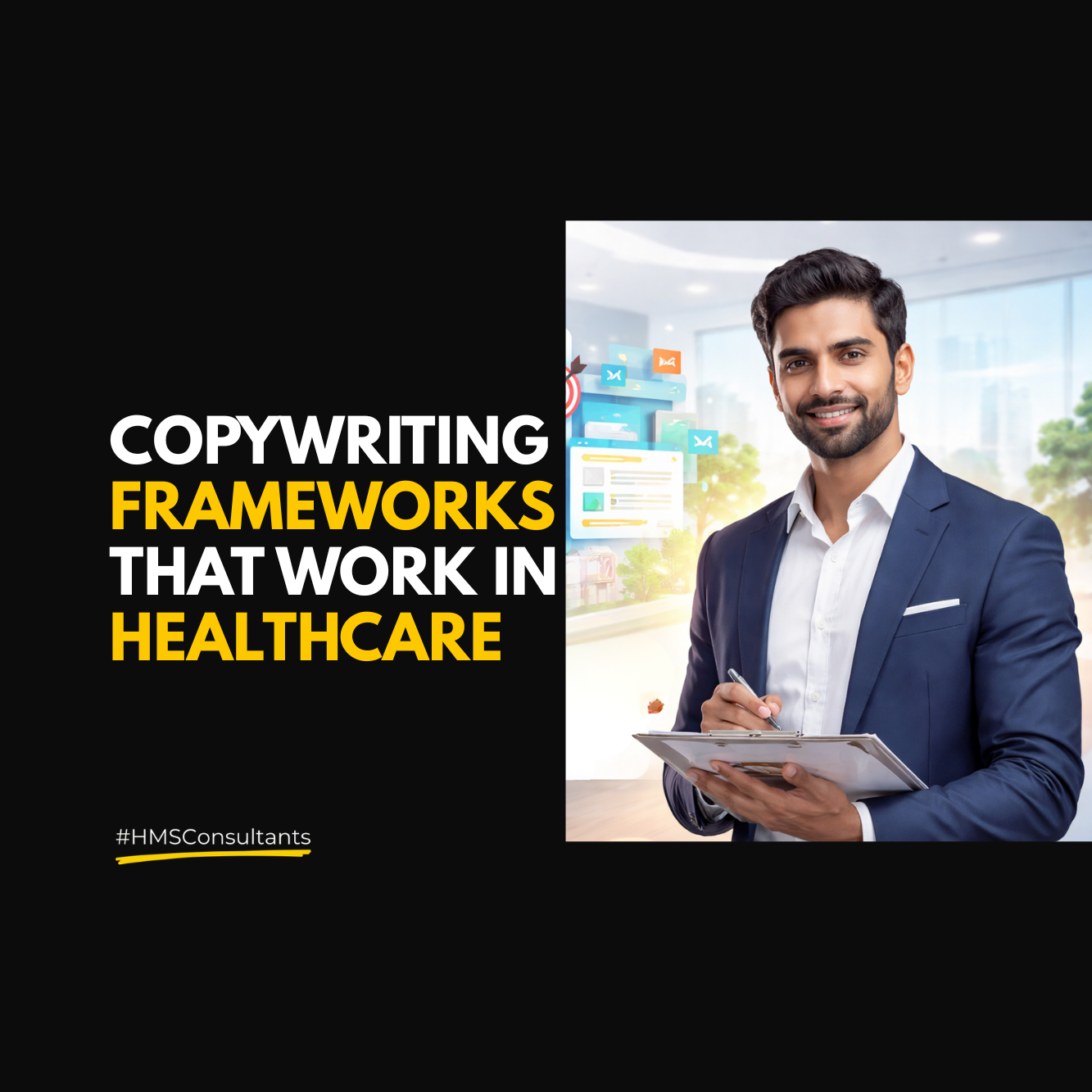 Indian healthcare consultant explaining copywriting frameworks to hospital team in a clean, minimal clinic setting