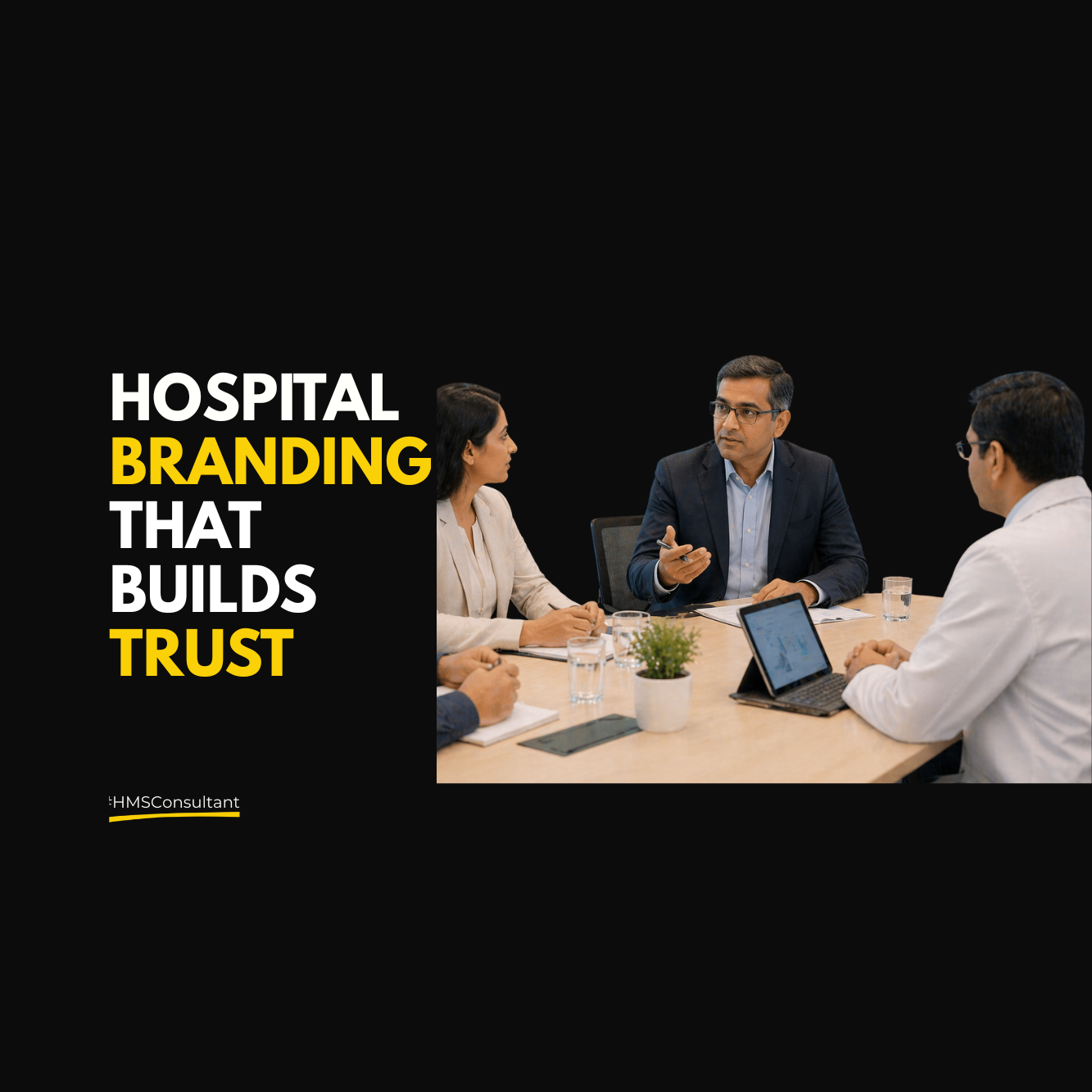 Hospital branding strategy meeting with consultant and management team discussing patient trust, reputation, and healthcare experience in a modern hospital boardroom.