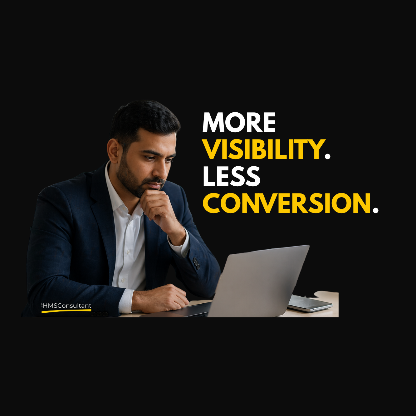 Healthcare consultant reviewing digital marketing analytics in a hospital reception area, showing the gap between online visibility and patient conversions