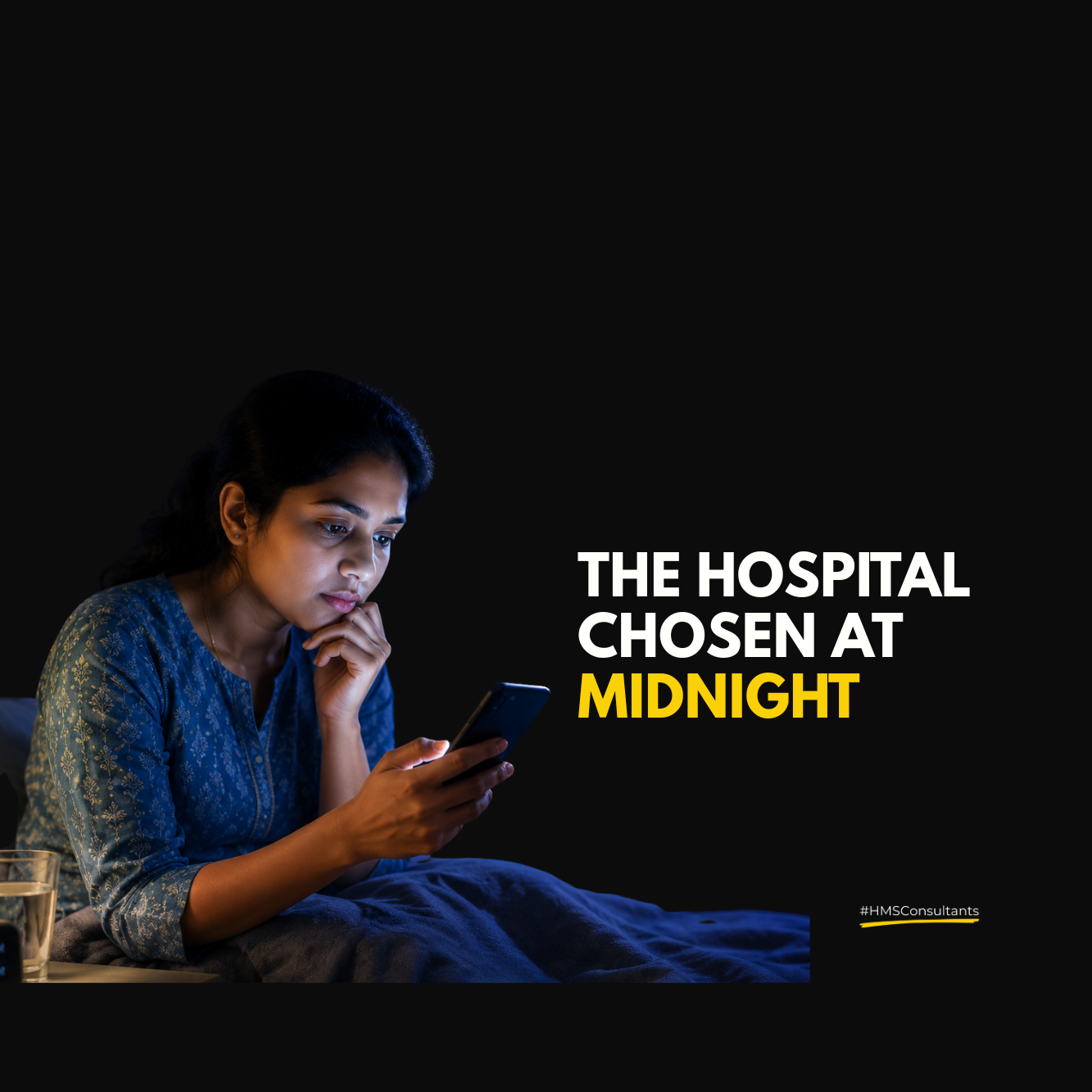 Indian woman searching for hospital information late at night on her phone while viewing healthcare-related digital icons and AI-assisted search elements.