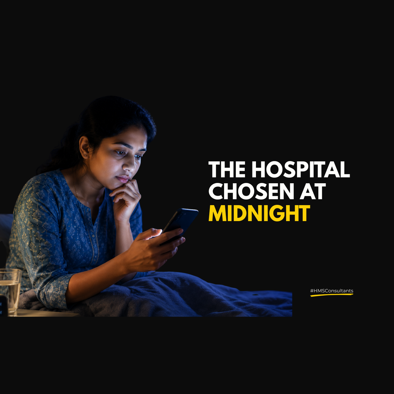 Indian woman searching for hospital information late at night on her phone, representing patient trust, AI search, and late-night healthcare decision-making.