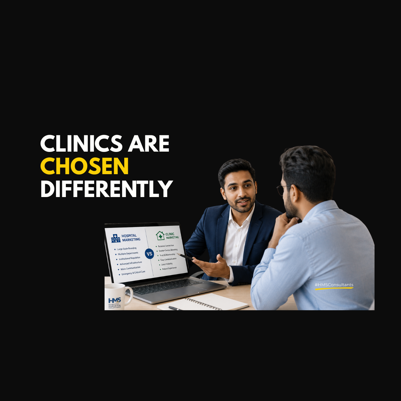 Healthcare marketing consultant explaining marketing a clinic strategy to a clinic owner during a professional discussion about patient trust and clinic growth.