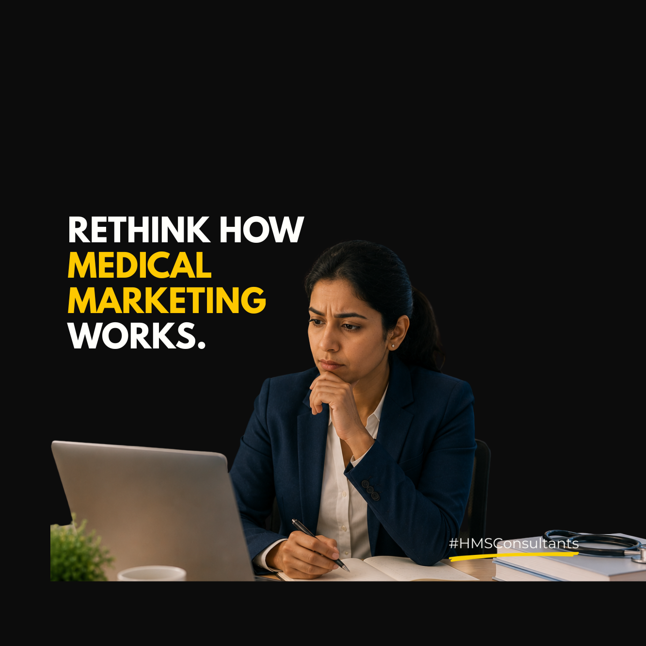 A professional South Asian woman sits thoughtfully in a modern office workspace, representing strategic medical marketing and hospital growth planning.