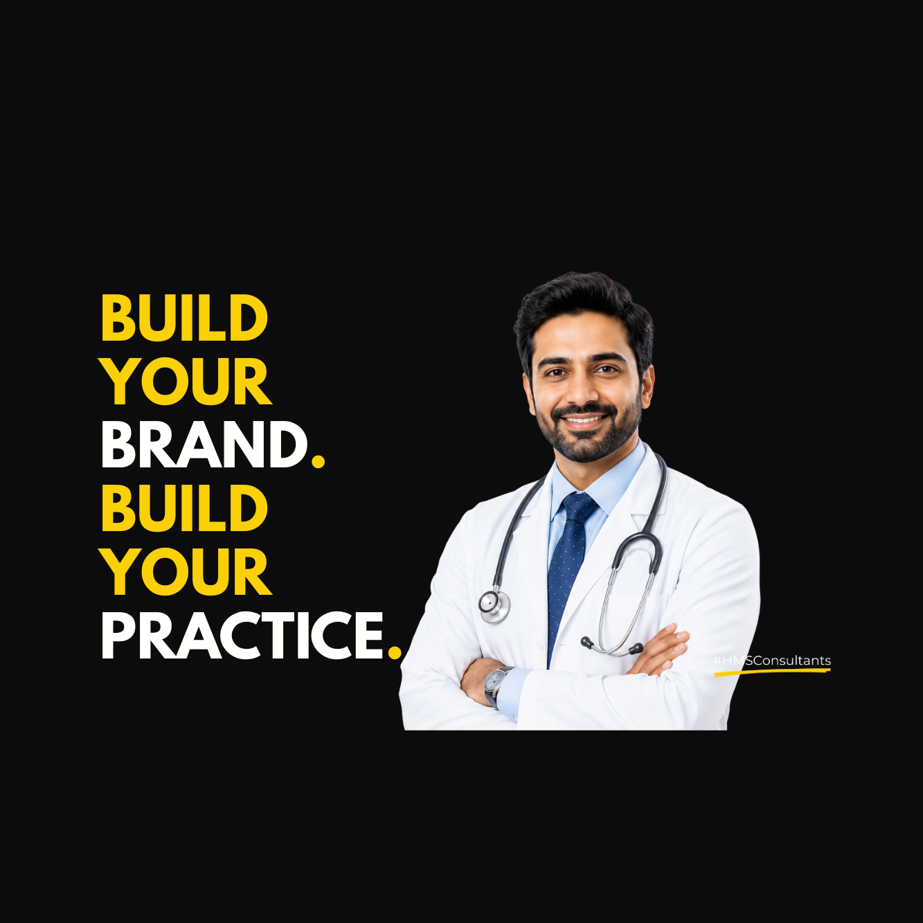 Professional doctor standing confidently with branding-focused healthcare marketing design representing personal branding for doctors and digital visibility in healthcare.
