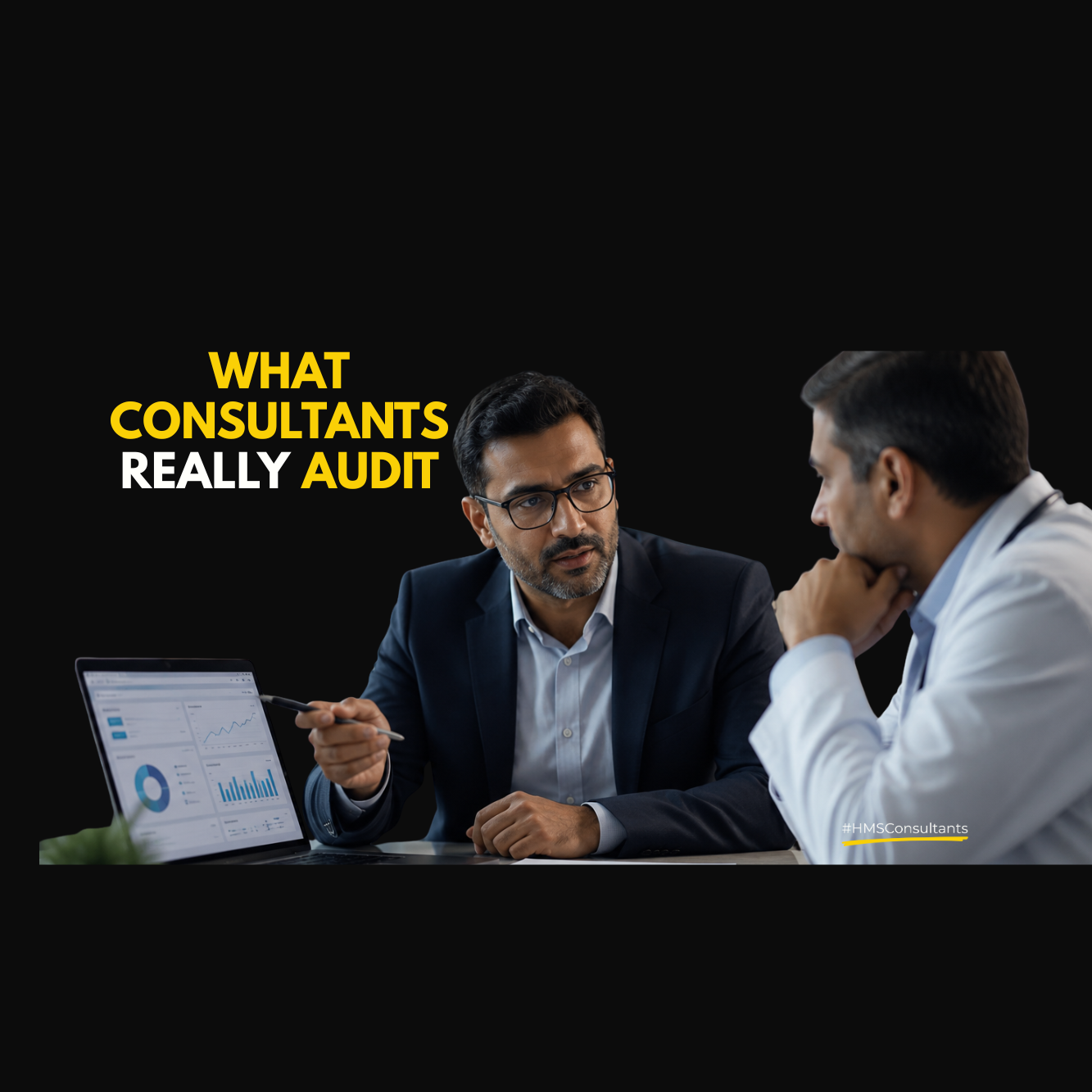 Digital marketing consultant discussing digital growth insights with a doctor while reviewing analytics on a laptop, representing hospital marketing audits and strategic healthcare analysis.
