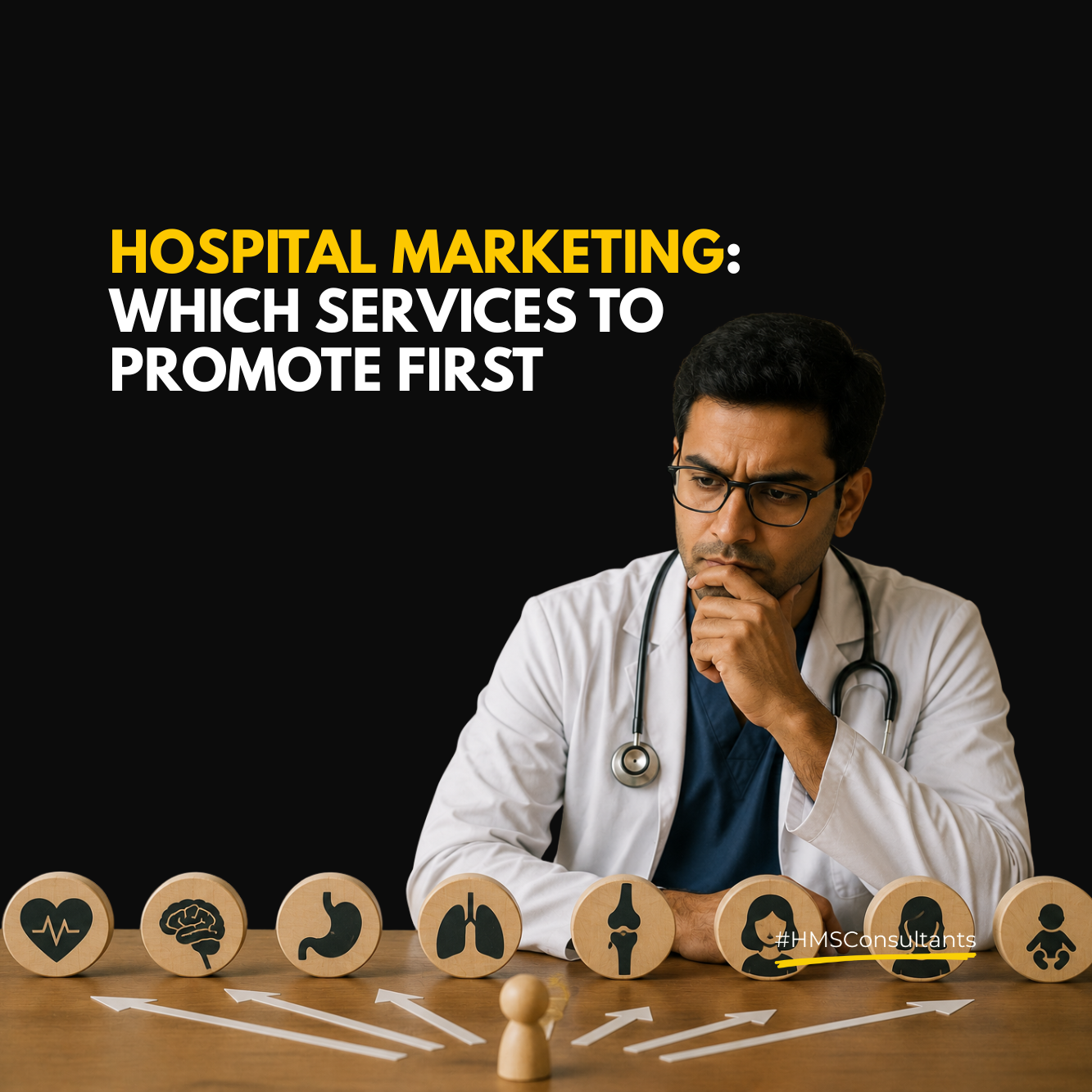 Hospital marketing strategy illustration showing a doctor evaluating which healthcare services to promote first based on patient demand, service positioning, department readiness, and growth opportunities.