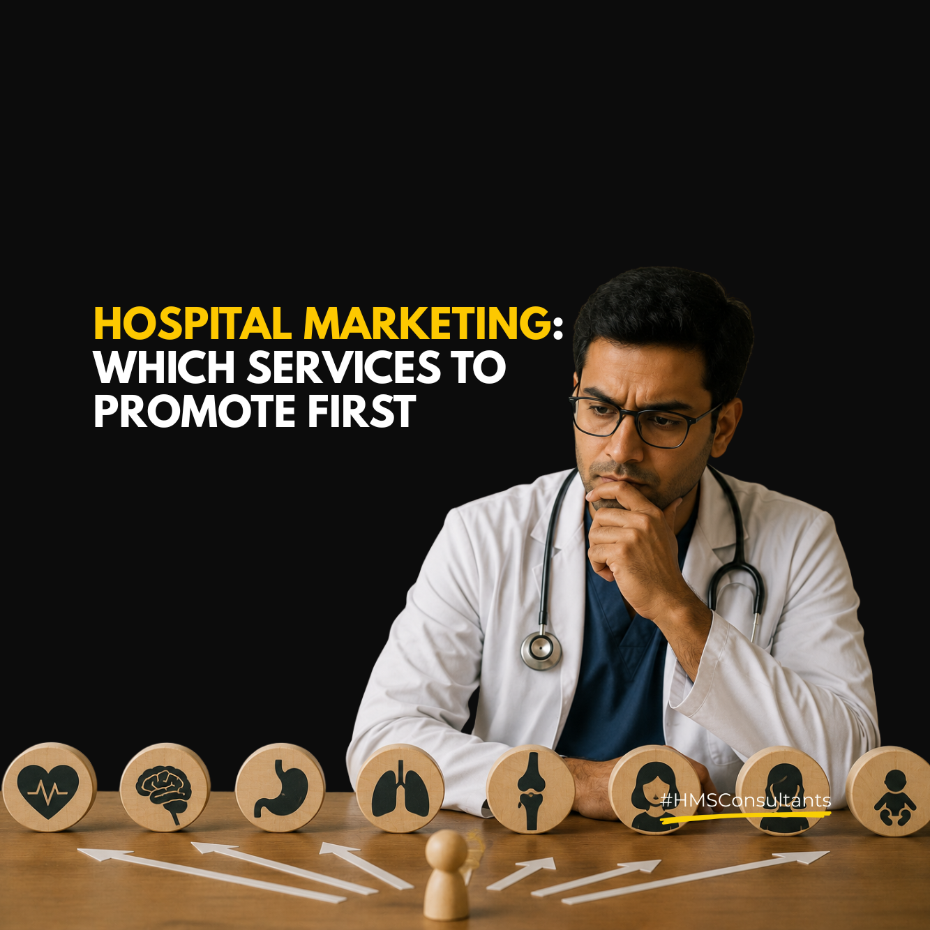 Hospital marketing strategy illustration showing a doctor evaluating which healthcare services to promote first based on patient demand, service positioning, department readiness, and growth opportunities.