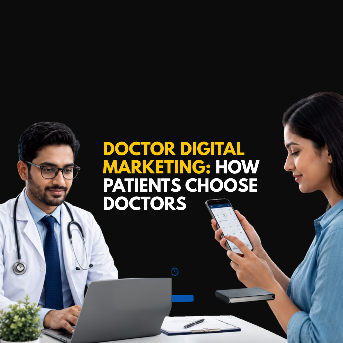 Indian doctor using a laptop with a patient checking a phone and online review card, representing doctor digital marketing and how patients choose doctors before booking.