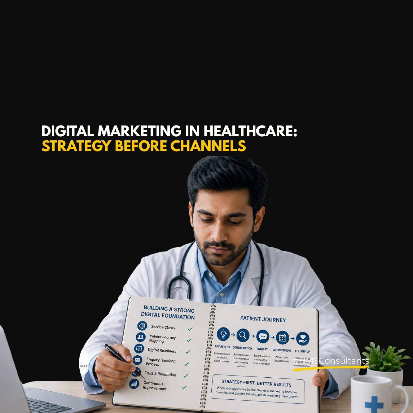 Digital marketing in healthcare strategy illustration showing a doctor reviewing a healthcare marketing plan with patient journey mapping, service clarity, digital readiness, enquiry handling, trust-building, and multiple digital channels including SEO, social media, paid ads, video content, WhatsApp, reviews, and website marketing.