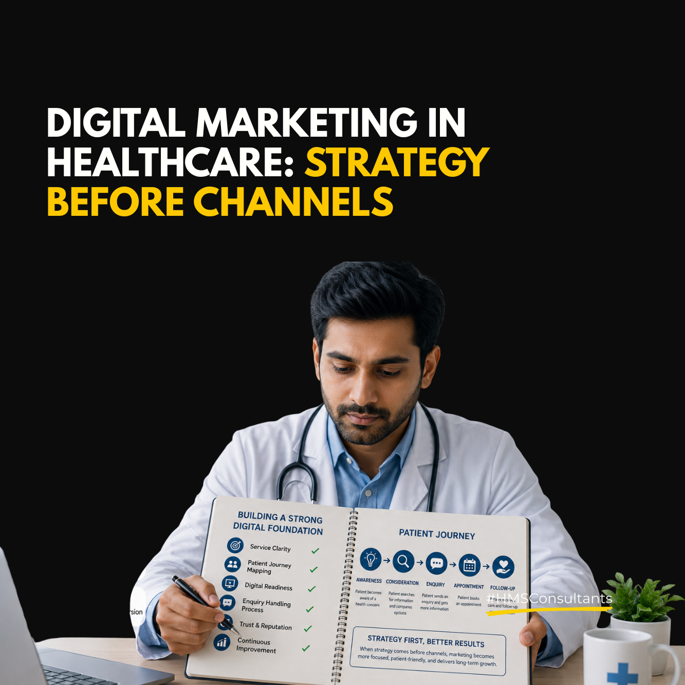 Digital marketing in healthcare strategy illustration showing a doctor using strategic planning to connect patient journey, SEO, social media, reviews, video content, and communication channels.