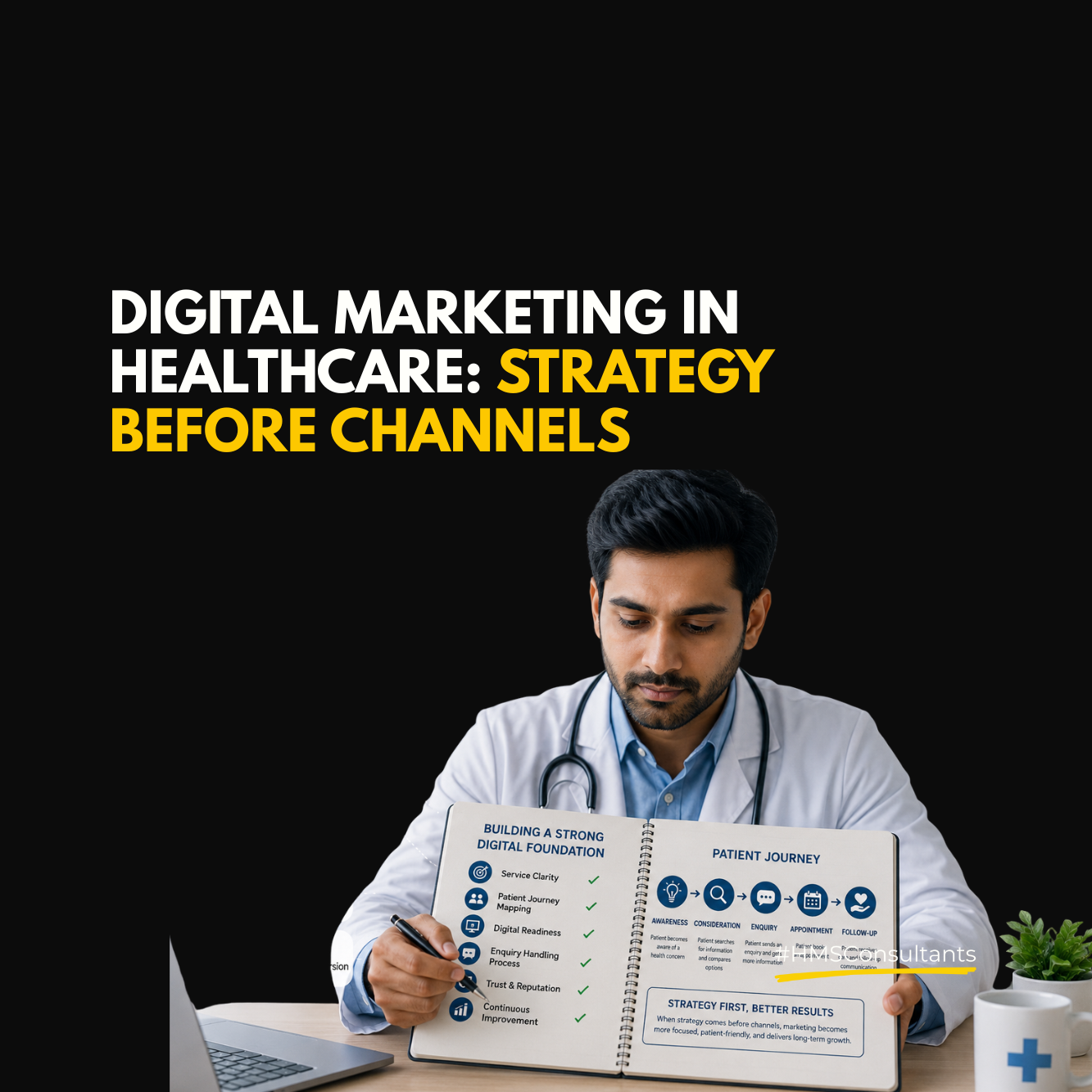 Digital marketing in healthcare strategy illustration showing a doctor using strategic planning to connect patient journey, SEO, social media, reviews, video content, and communication channels.