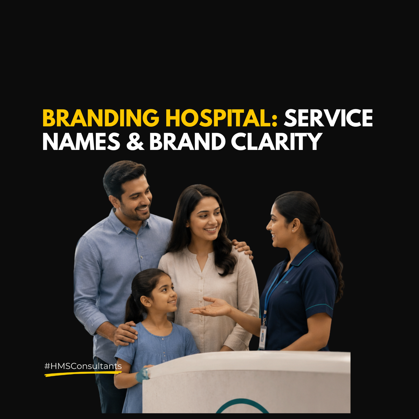 Branding hospital illustration showing clear hospital service names, consistent service communication, and patient-friendly branding to improve hospital brand clarity and patient understanding.