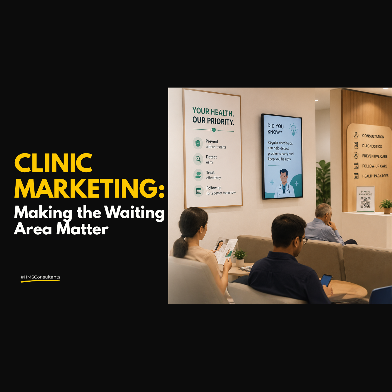 Clinic marketing illustration showing patients waiting in a clinic waiting area with educational posters and digital screens promoting patient communication and health awareness.