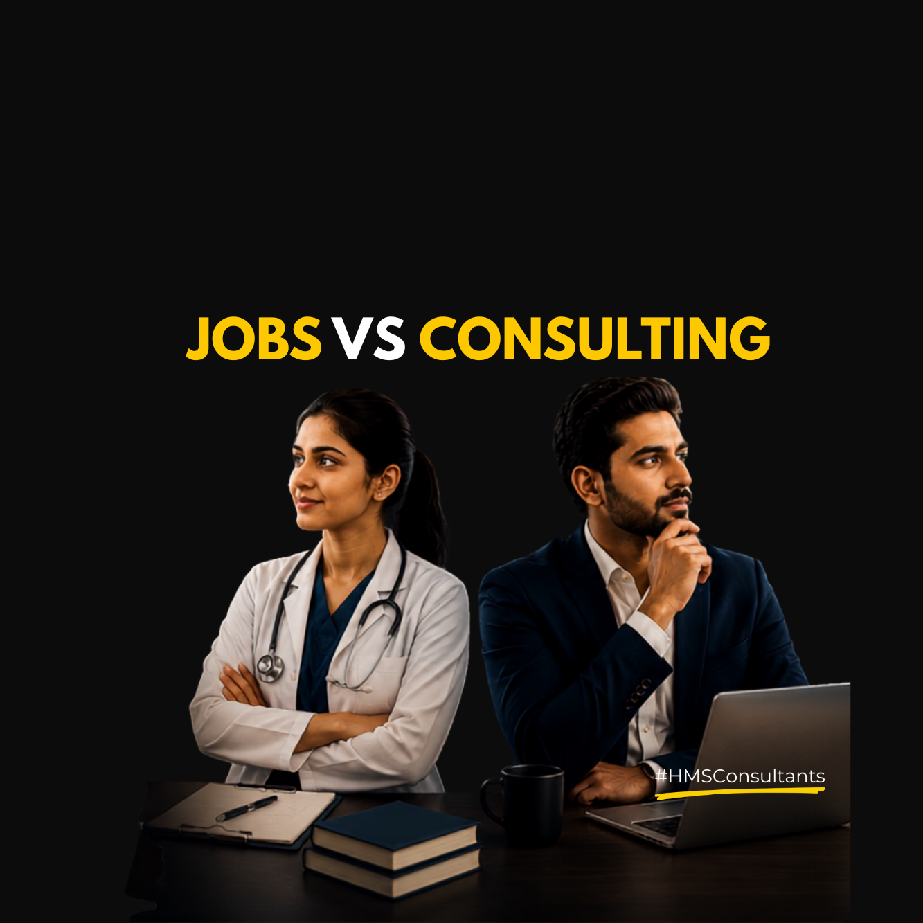 Healthcare professional and consultant representing two career paths in the healthcare industry. The image compares traditional healthcare jobs with consulting careers, highlighting professional growth, stability, independence, and career opportunities.