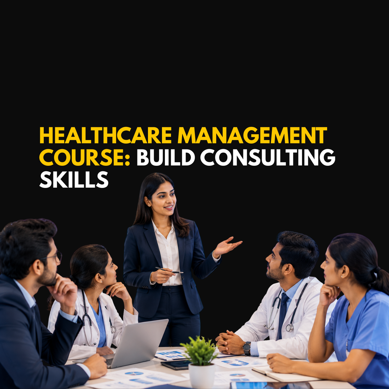 Healthcare management students and medical professionals participating in a consulting and strategy discussion. A healthcare management instructor is presenting ideas to a team of doctors and healthcare professionals, highlighting consulting skills, leadership, strategic thinking, and healthcare career development.