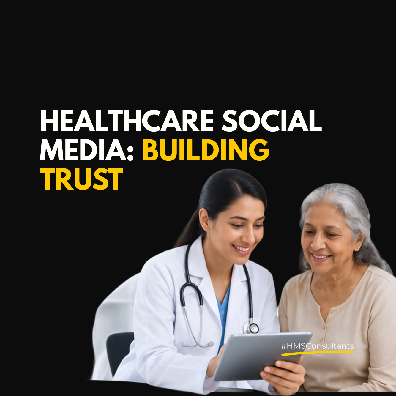 Healthcare marketing social media illustration showing a doctor guiding a patient using a digital tablet, representing patient trust, healthcare social media marketing, healthcare content strategy, patient education, healthcare digital marketing, and ethical healthcare communication for clinics and hospitals.