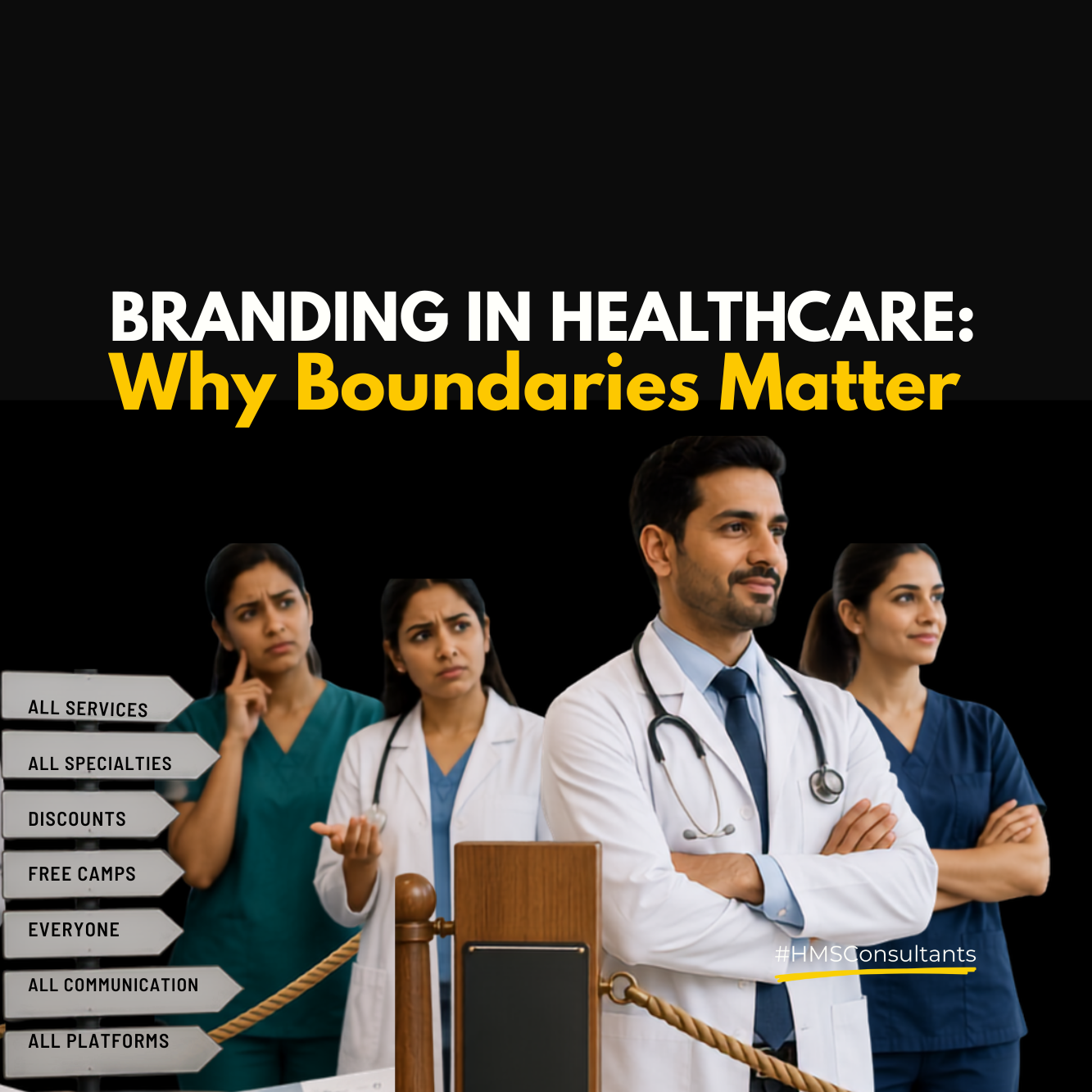 Featured image titled "Branding in Healthcare: Why Boundaries Matter" showing a small group of healthcare professionals standing beside a boundary marker and directional signs, symbolizing the importance of defining what a healthcare brand stands for and what it should avoid to create a clear and focused brand identity.