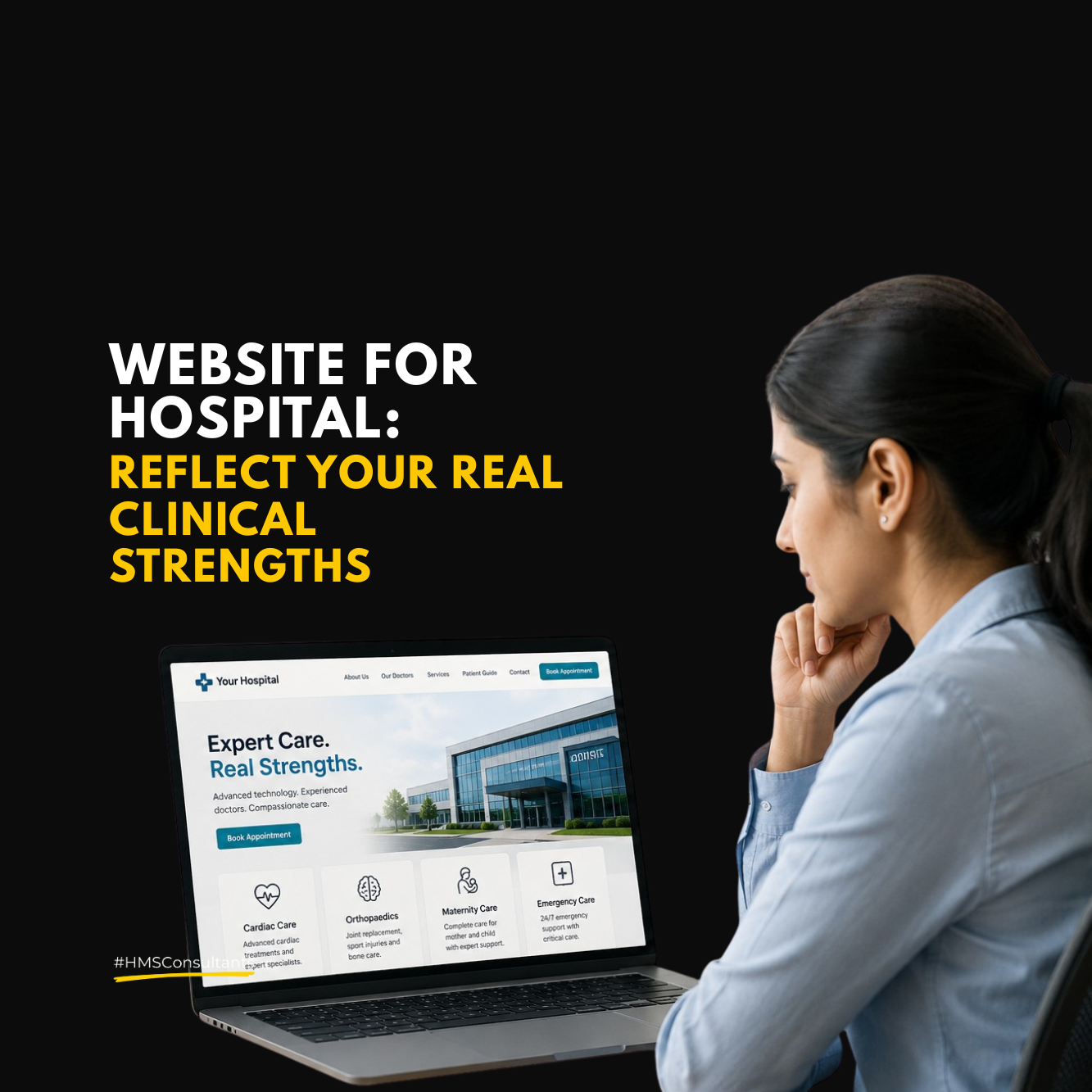 Website for hospital highlighting real clinical strengths, hospital branding, patient recall, and priority healthcare services.